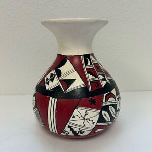 Red and Black Geometric Ceramic Art Vase/ hand made/ not signed/ no chips